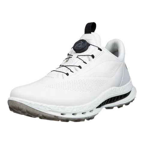 Weißer ECCO Golf-Schuh mit BOA-Verschlusssystem, Seitenansicht auf neutralem Hintergrund