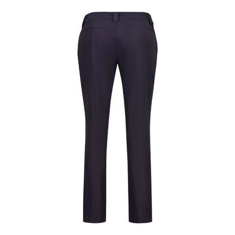 Dunkelblaue elegante Damenhose mit geradem Schnitt, Rückansicht, vor neutralem Hintergrund