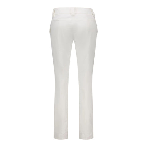 Weiße elegante Damenhose mit geradem Schnitt, Rückansicht, mit klassischem Bund und Taschen