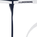 Nahaufnahme eines J.LINDEBERG Kleidungsstücks in Dunkelblau mit weißem Streifendesign und Markenlogo auf elastischem Band