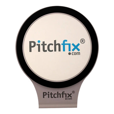 Pitchfix.com Smartwatch mit schwarzem Gehäuse und grauem Armband auf neutralem Hintergrund. Das Display zeigt das Pitchfix-Logo mit blauem und grauem Text.