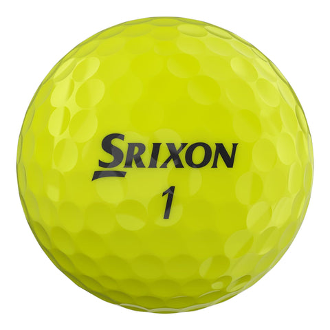 Gelber Golfball der Marke Srixon mit Dimpled-Oberfläche und Nummer 1