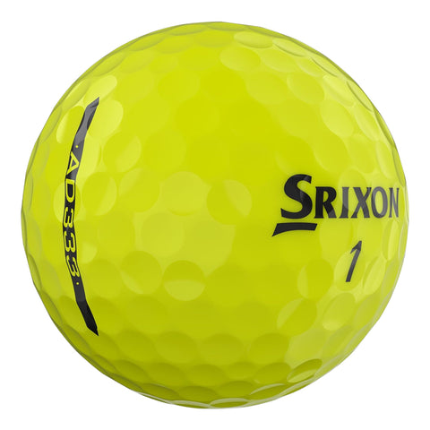 Gelber Golfball der Marke Srixon mit Wabenmuster und Markierung