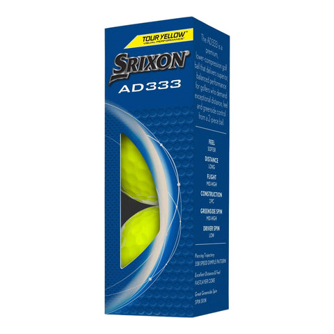 Srixon AD333 Tour Yellow Golfbälle - Premium 2-teilige Golfballverpackung mit gelben Bällen auf dunkelblauem Hintergrund. Zeigt Produktmerkmale wie Softer Feel, Long Distance und Mid-High Flight.