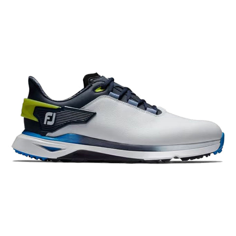 Weißer und blauer FootJoy Golfschuh mit modernem Design und dynamischen Linien