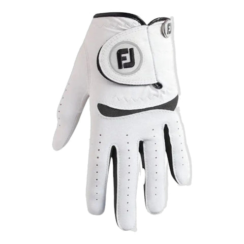 Ein weißer FootJoy Golfhandschuh mit schwarzen Akzenten, perfekt für präzise Golfer